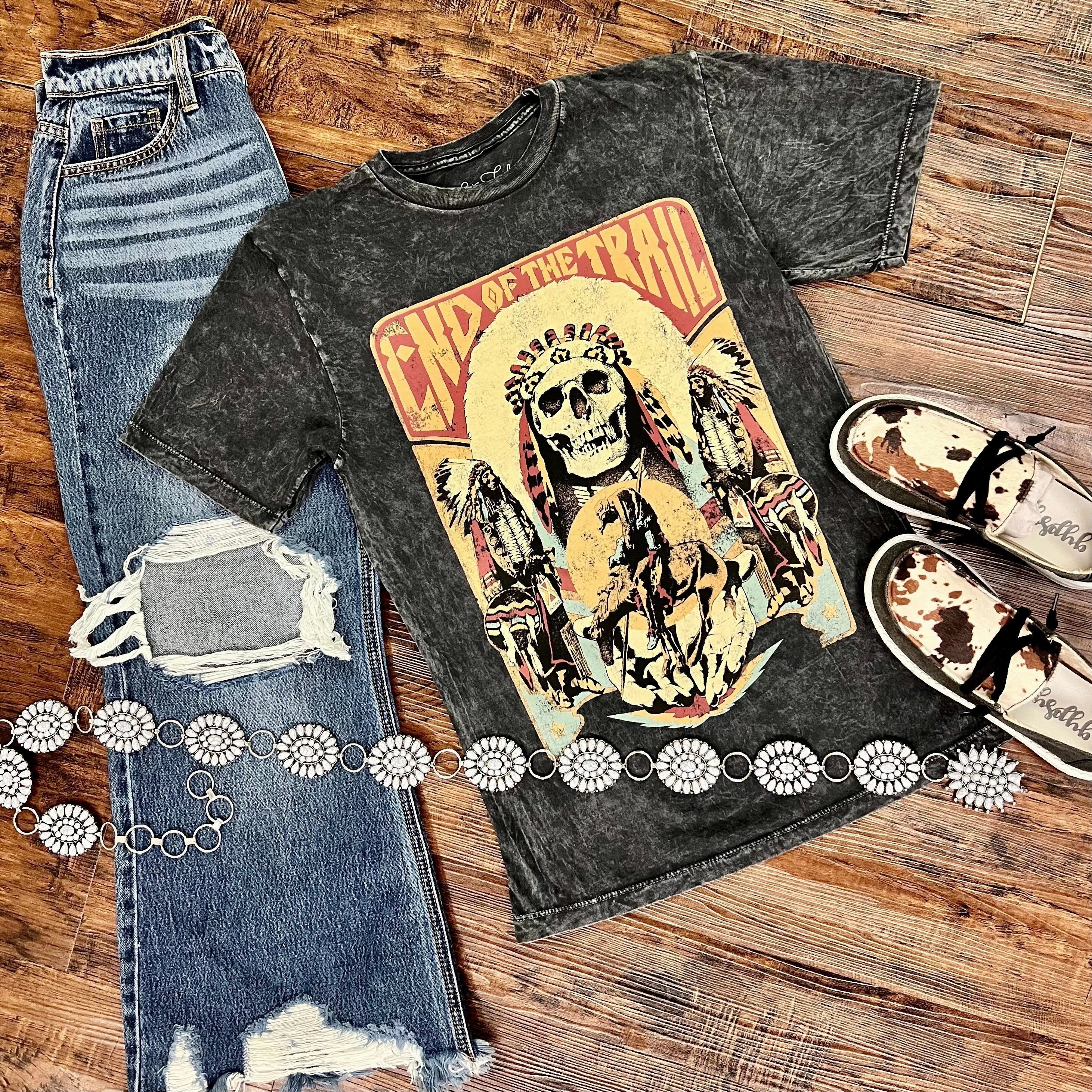 NonFadeFinish Black Mineral Washed End Of The Trail Hand Drawn Graphic Tee