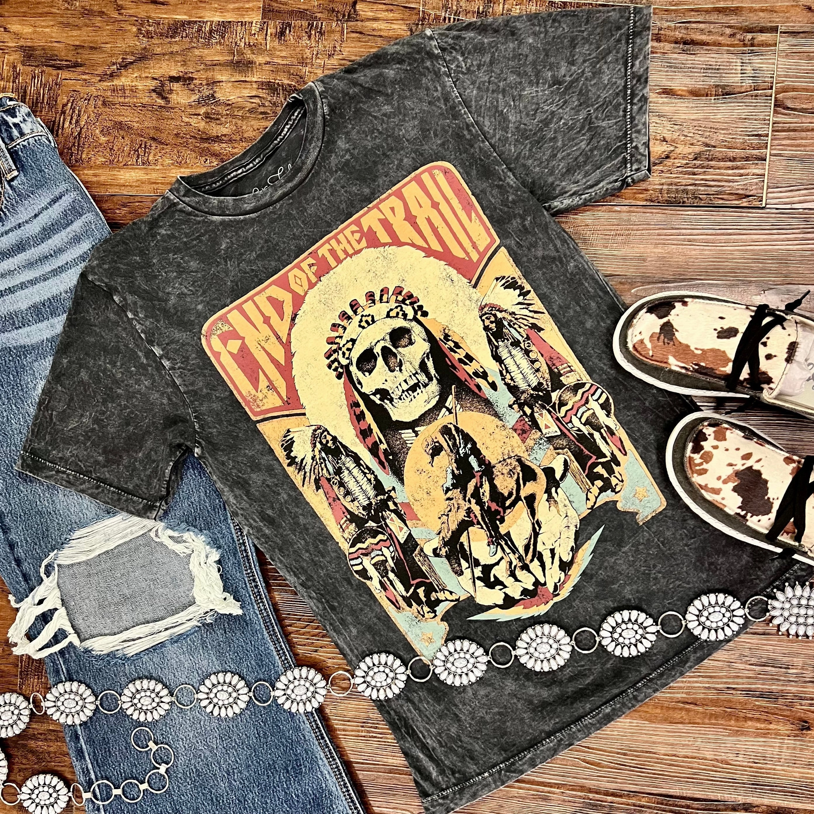 Black Mineral Washed End Of The Trail Hand Drawn Graphic Tee Layered Ply Construction Breathable Lining