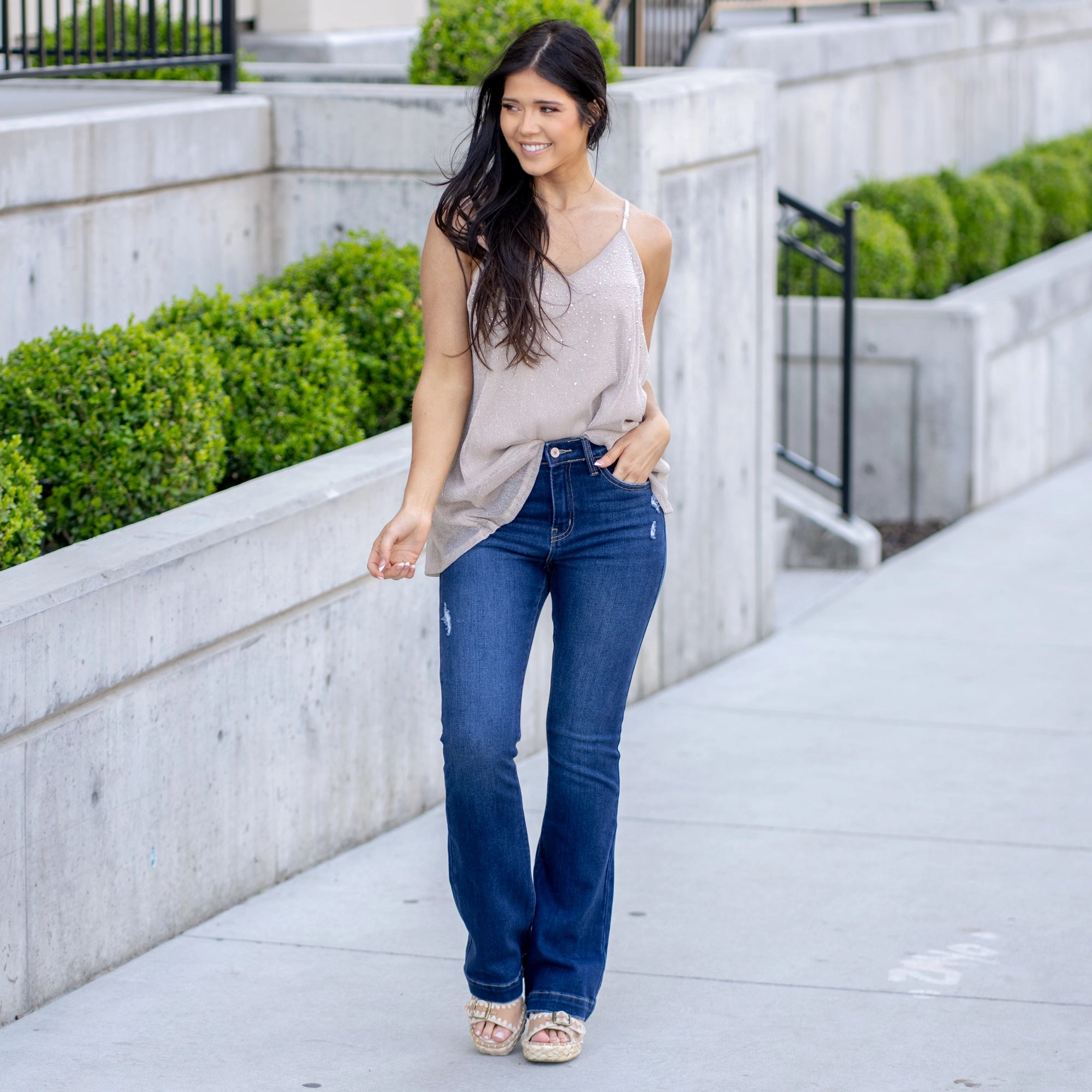 school wear KanCan Isla High Rise Wide Hem Bootcut Dark Blue Wash