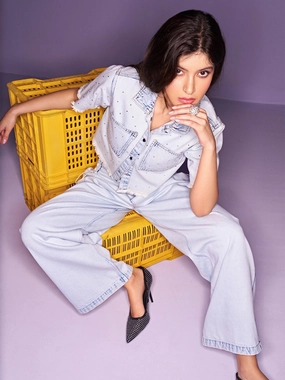 Anti Slip Belt Loops Soft Road Trip Youth Style Madame Shanaya Kapoor Side Strings Ice Blue Wide Leg Jeans