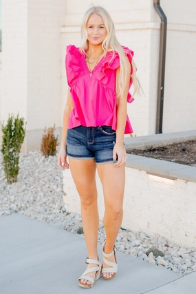 Ruffle Sleeve V Neck Baby Doll Top Mesh Insert