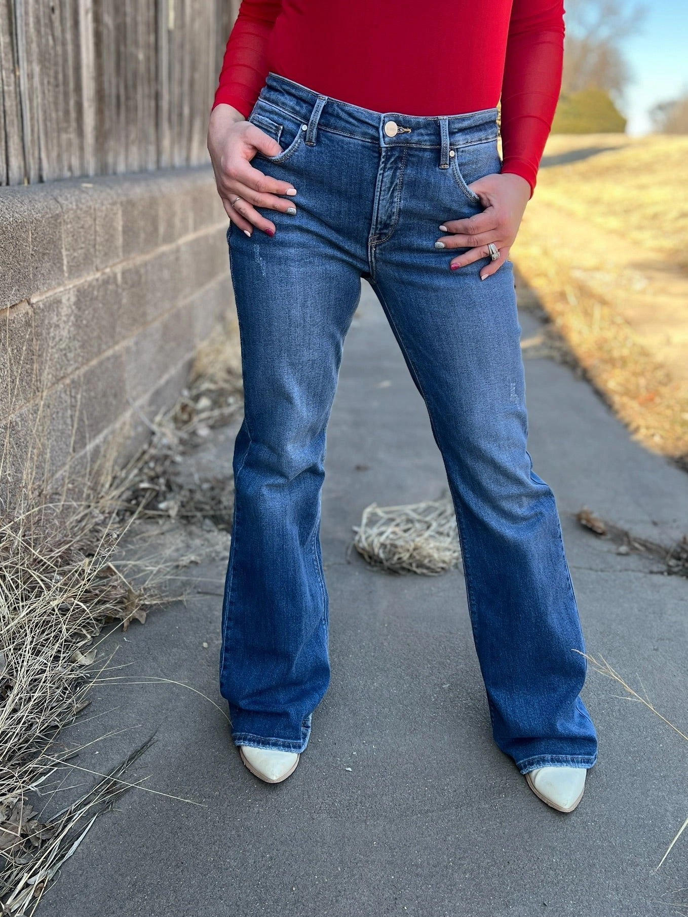 Basic Flare Mid Rise Tummy Control Jeans Stretch Fit ripstop fabric