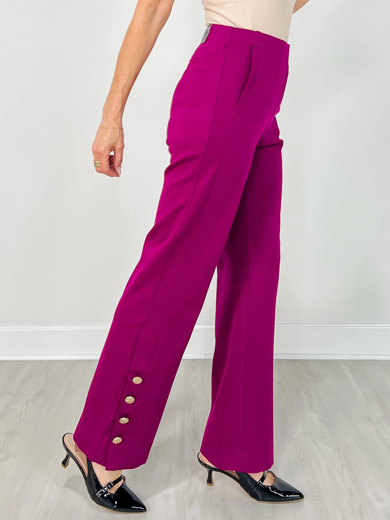 UVProtection Gold Button Hem Gala Pants with Side Pockets in Merlot