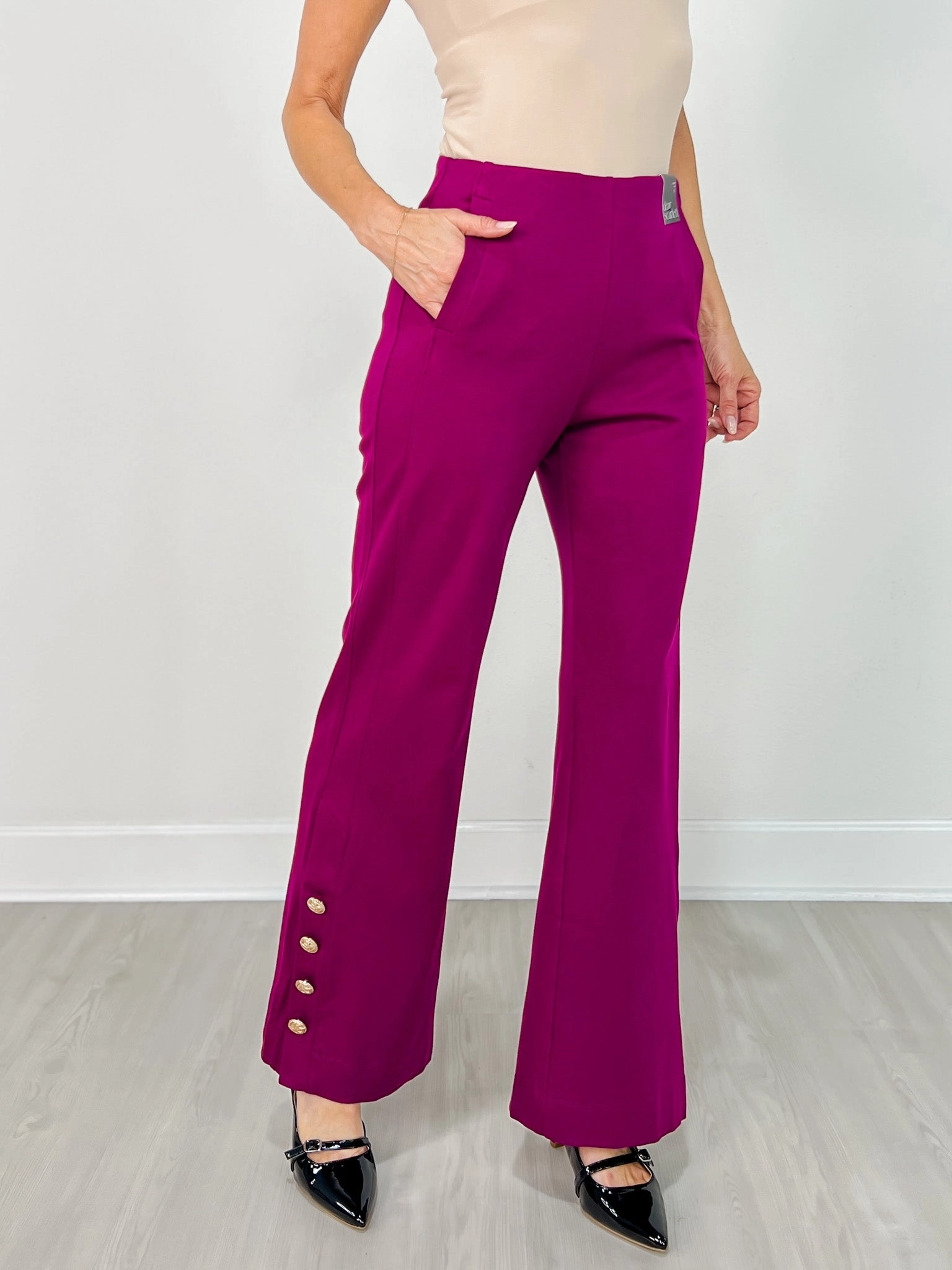 Side zipper Gold Button Hem Gala Pants with Side Pockets in Merlot