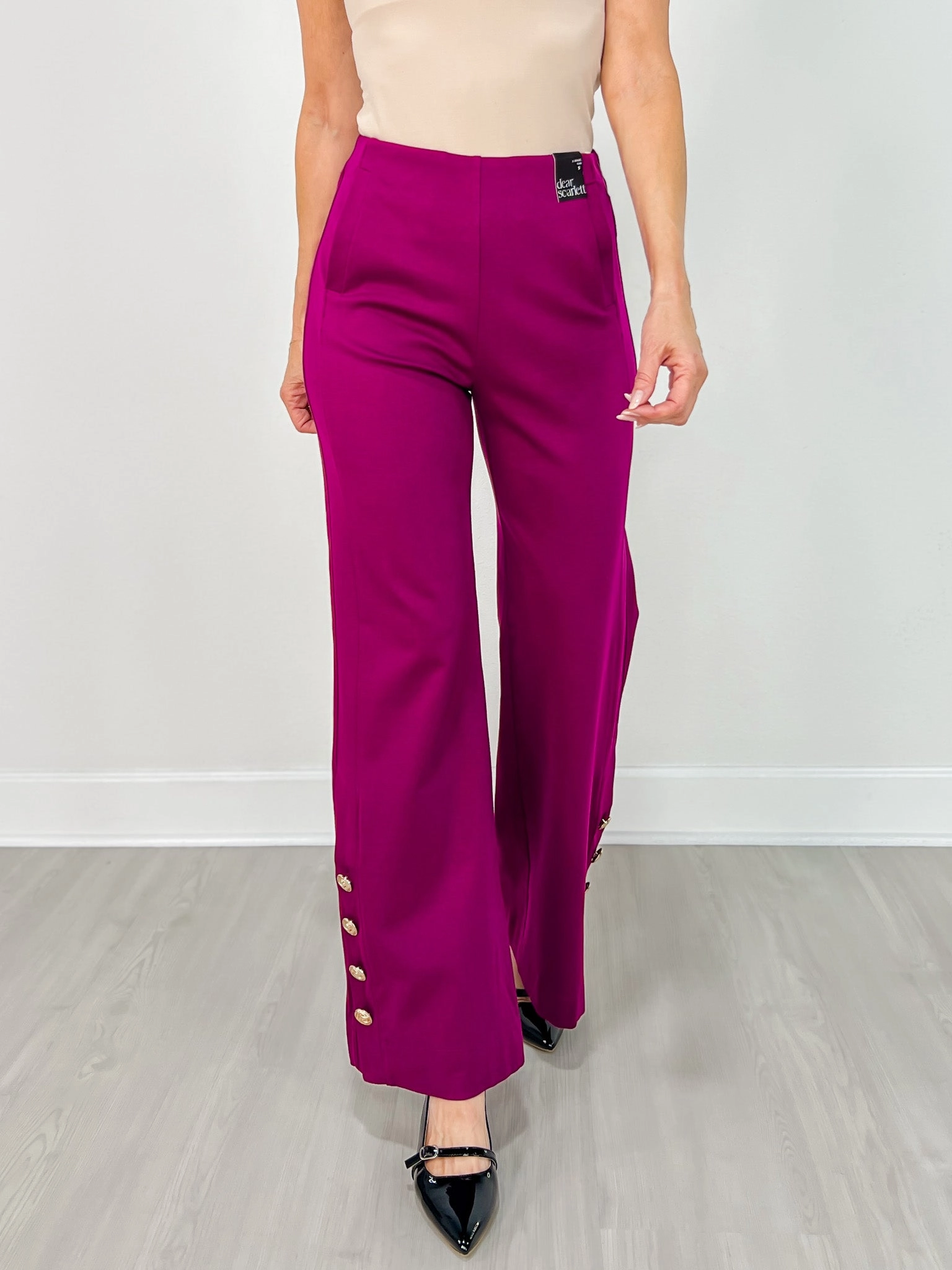 Gold Button Hem Gala Pants with Side Pockets in Merlot Breath Fit Comfort Wearable