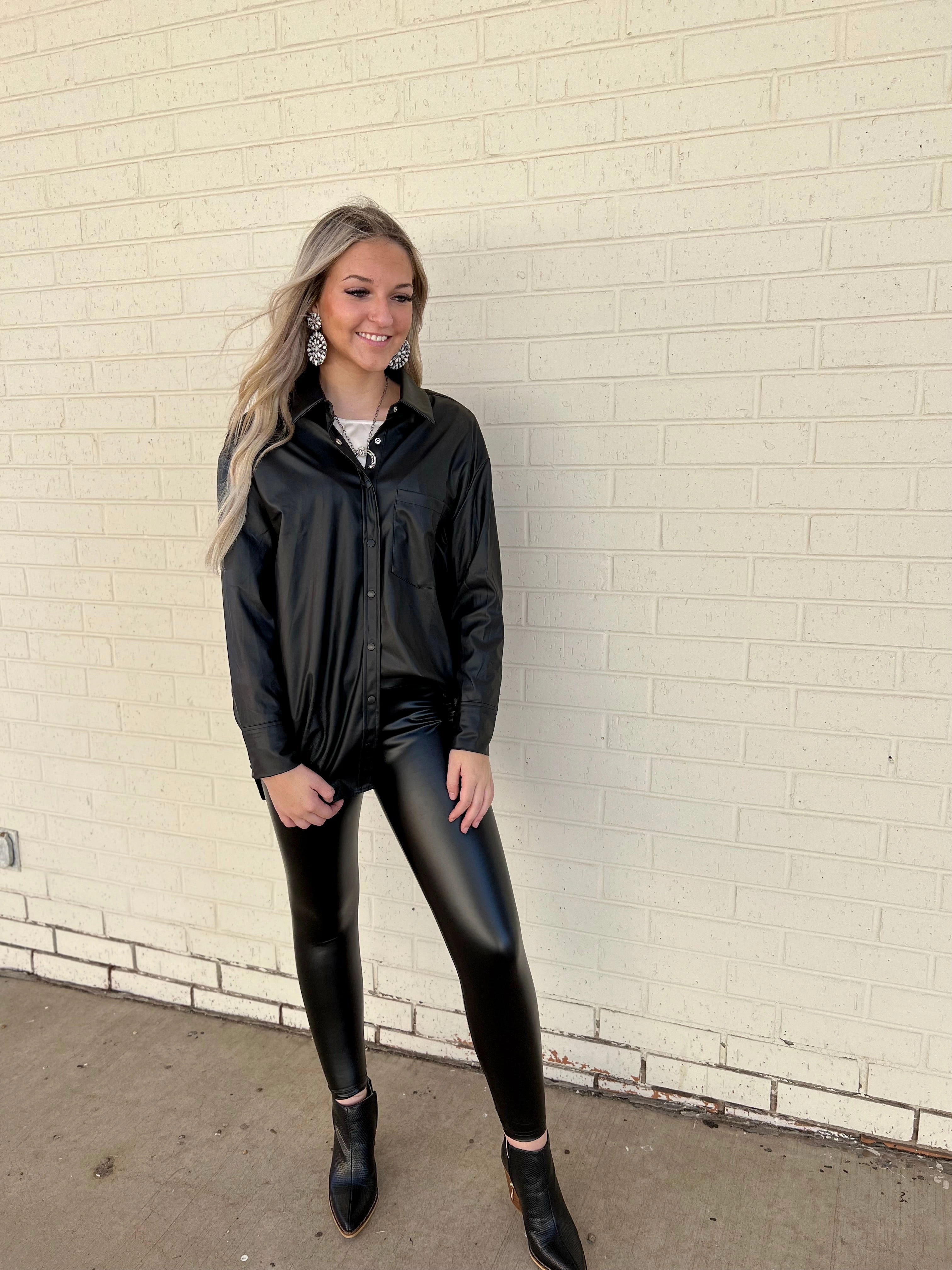 Relaxed Fit Shirt Playing for Keeps Black Pleather Top*