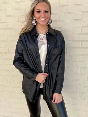 Playing for Keeps Black Pleather Top* Self Fabric Tie Closure Casual Long Sleeve