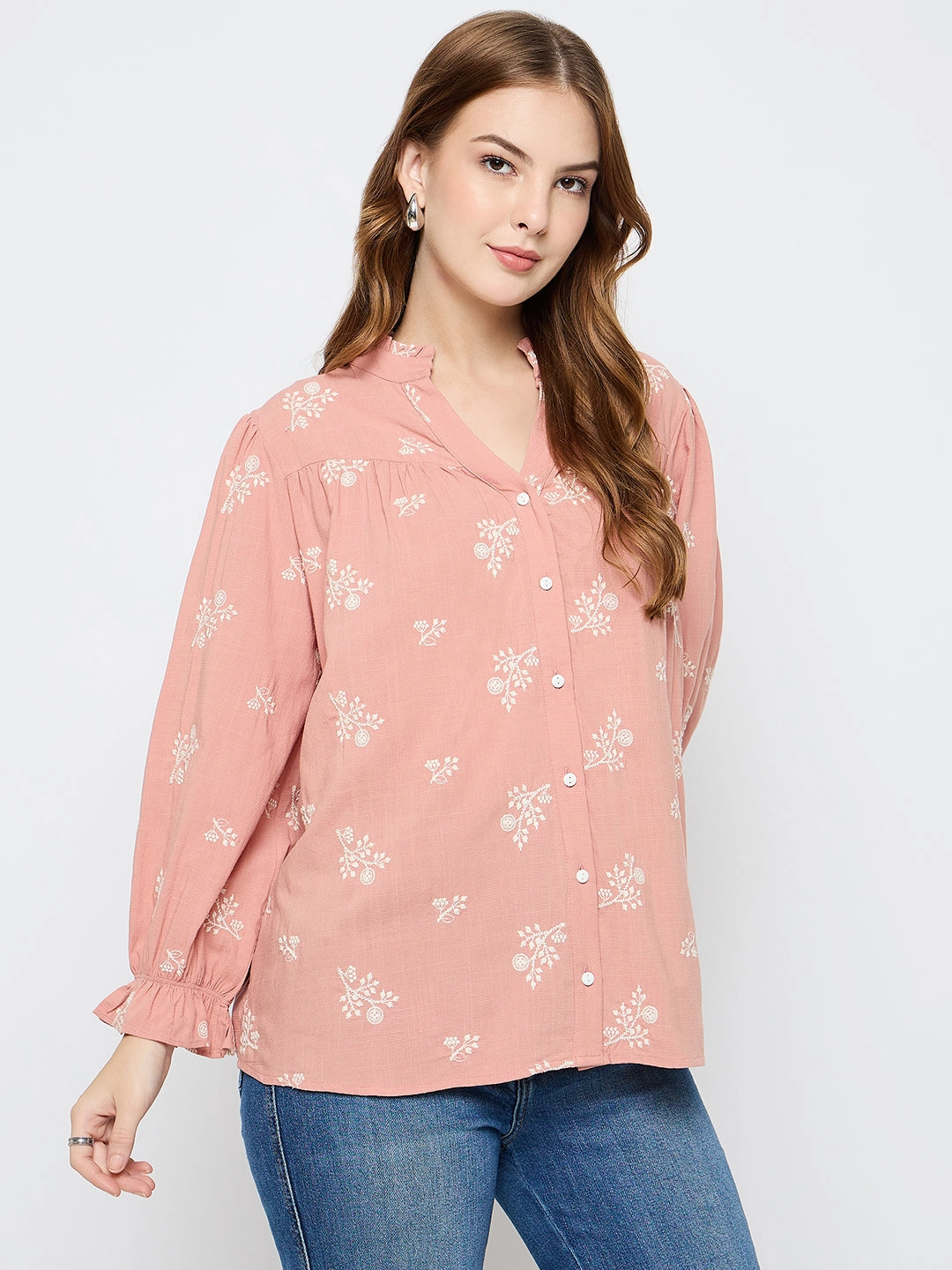 Reinforced Hem Stitching Madame Floral Print Cotton Blend Dusty Pink Top