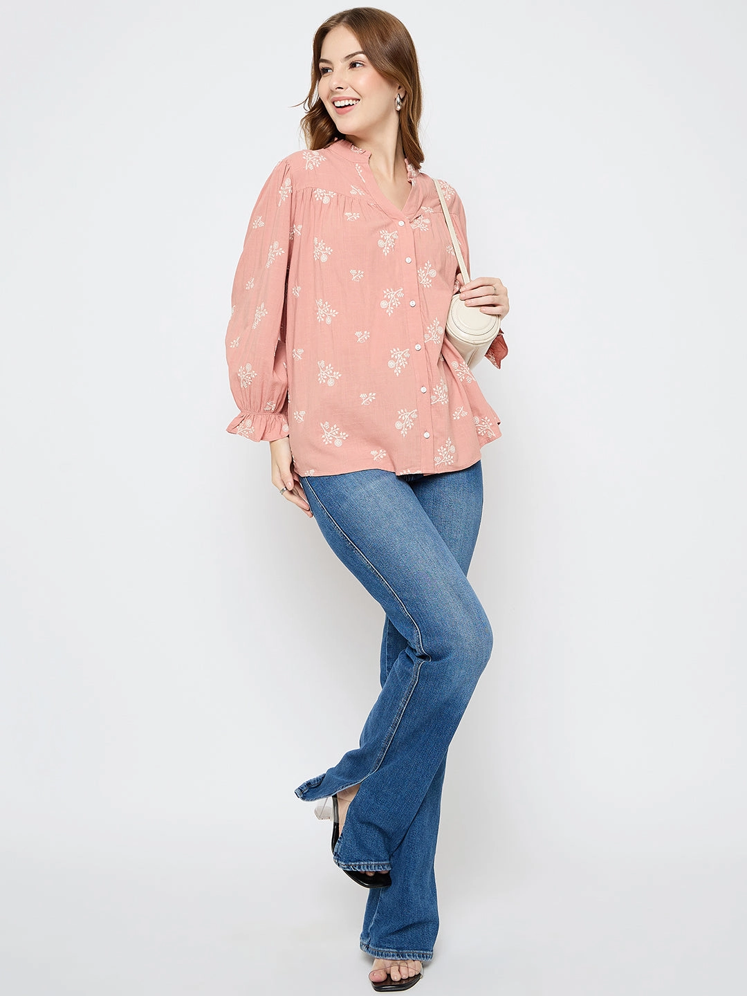 Breathable Microfiber Madame Floral Print Cotton Blend Dusty Pink Top