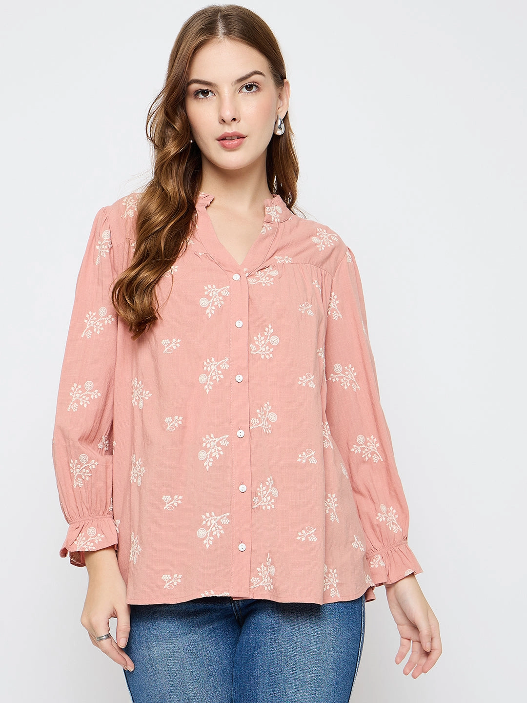 GarmentDyed Tencel Cotton Hybrid Weave Madame Floral Print Cotton Blend Dusty Pink Top