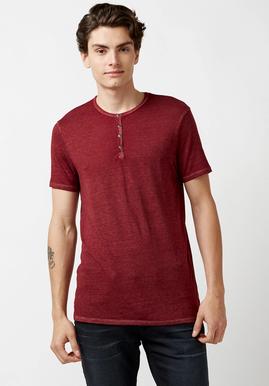 Kasum Buttoned Henley Men's T-Shirt in Dark Red - BM21411 Placket Detailing