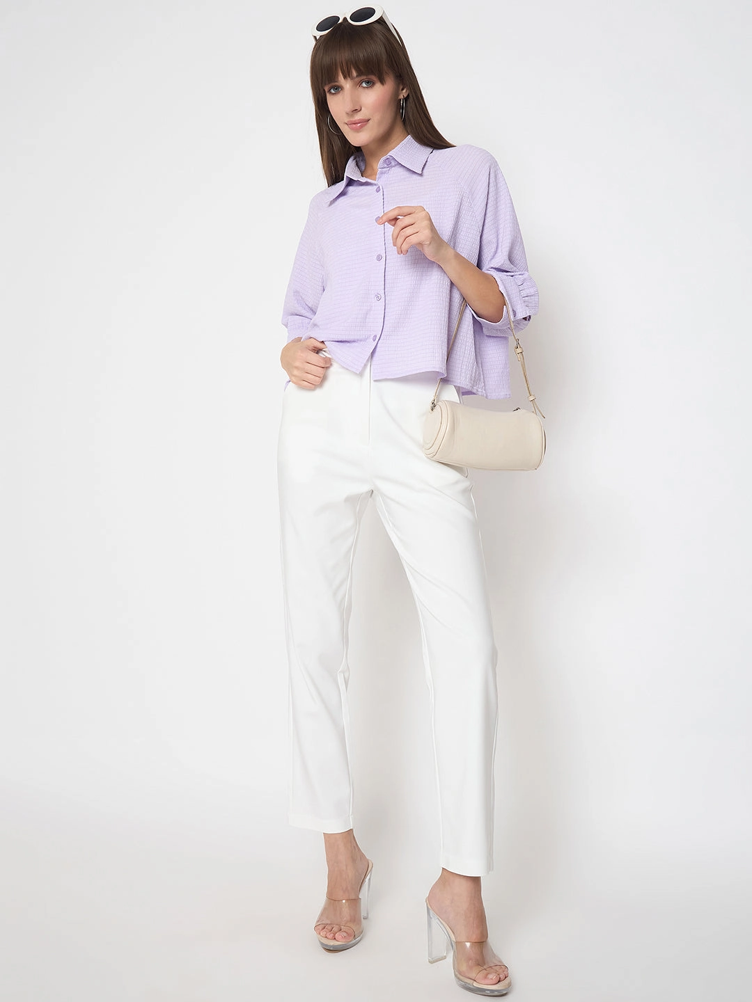 Madame Shirt Collar Buttoned Orange Lilac Shirt All-Day Wear Double Stitched Seams