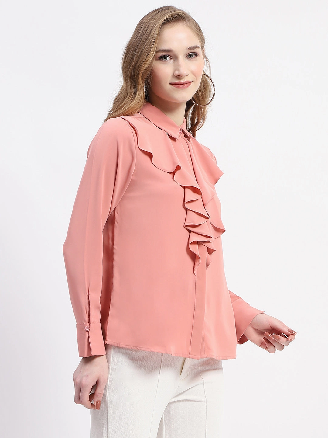 Madame Ruffle Collar Solid Blush Shirt Chill Layer