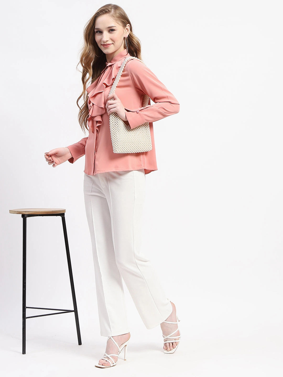 Long Sleeve Madame Ruffle Collar Solid Blush Shirt