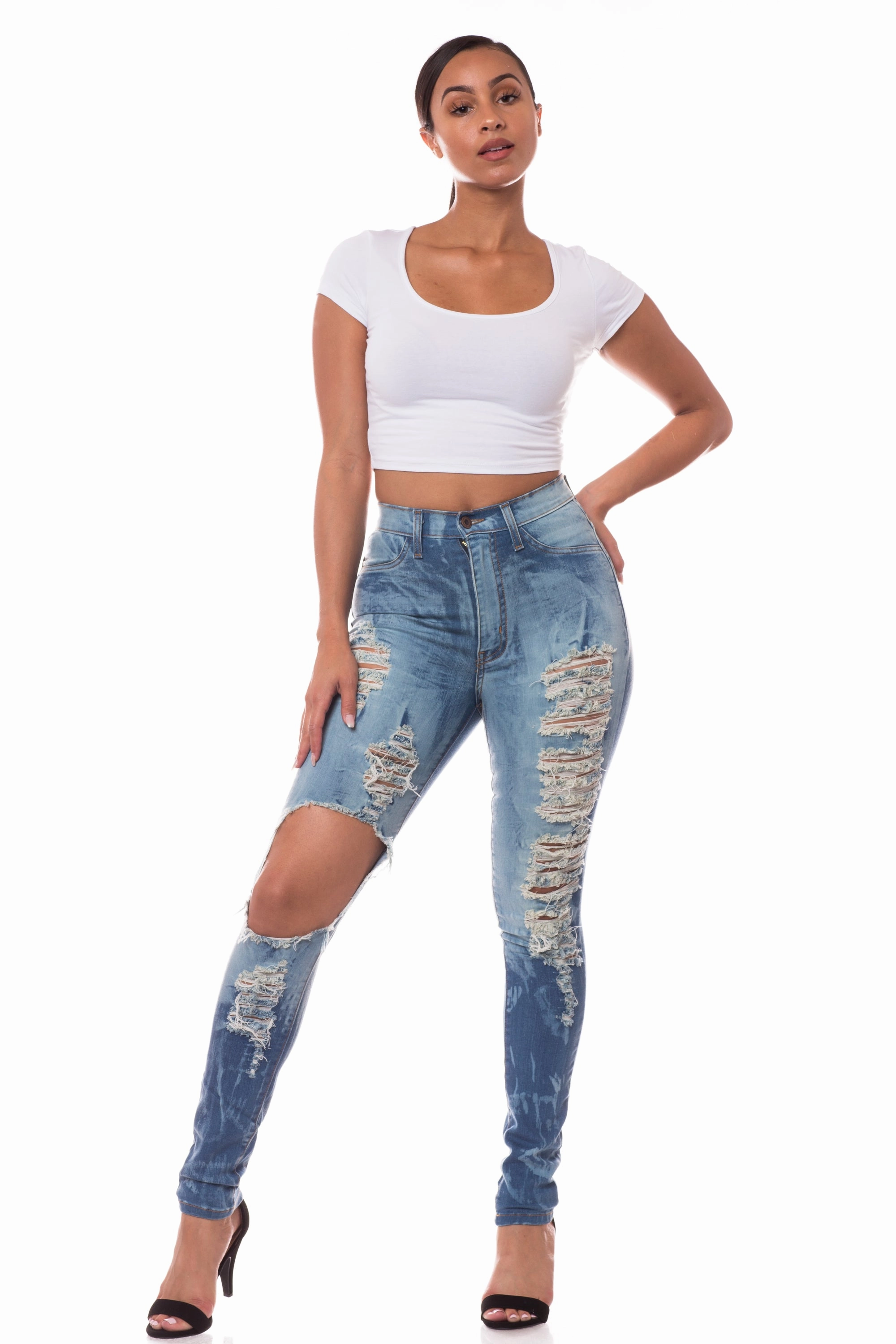 4398 Women's High Waisted Dyed Distressed Skinny Jeans with Cut Out Casual Musthave Tagless Design