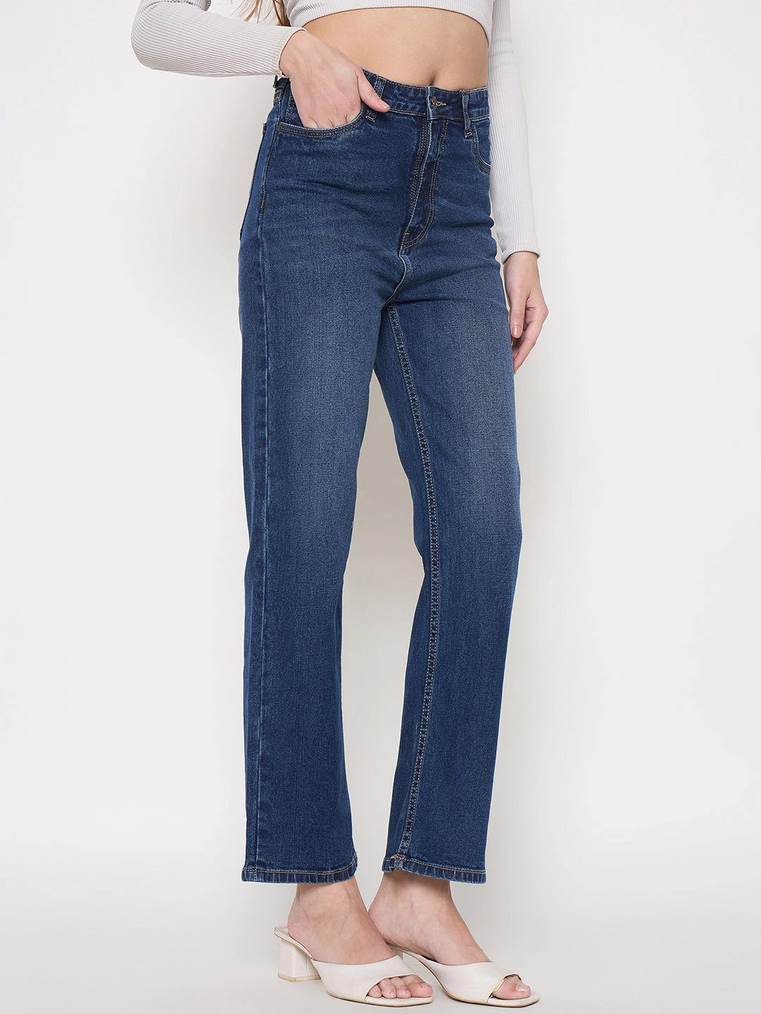 Madame Cotton Blend Rolled Hem Dark Blue Straight Denim Jeans Evening Stroll Athlete Fit High Quality Classic Wear Earthy