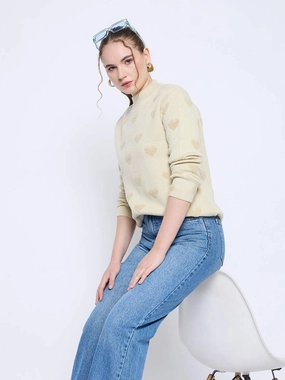 Versatile Piece Madame Graphic Print Mock Neck Beige Sweater