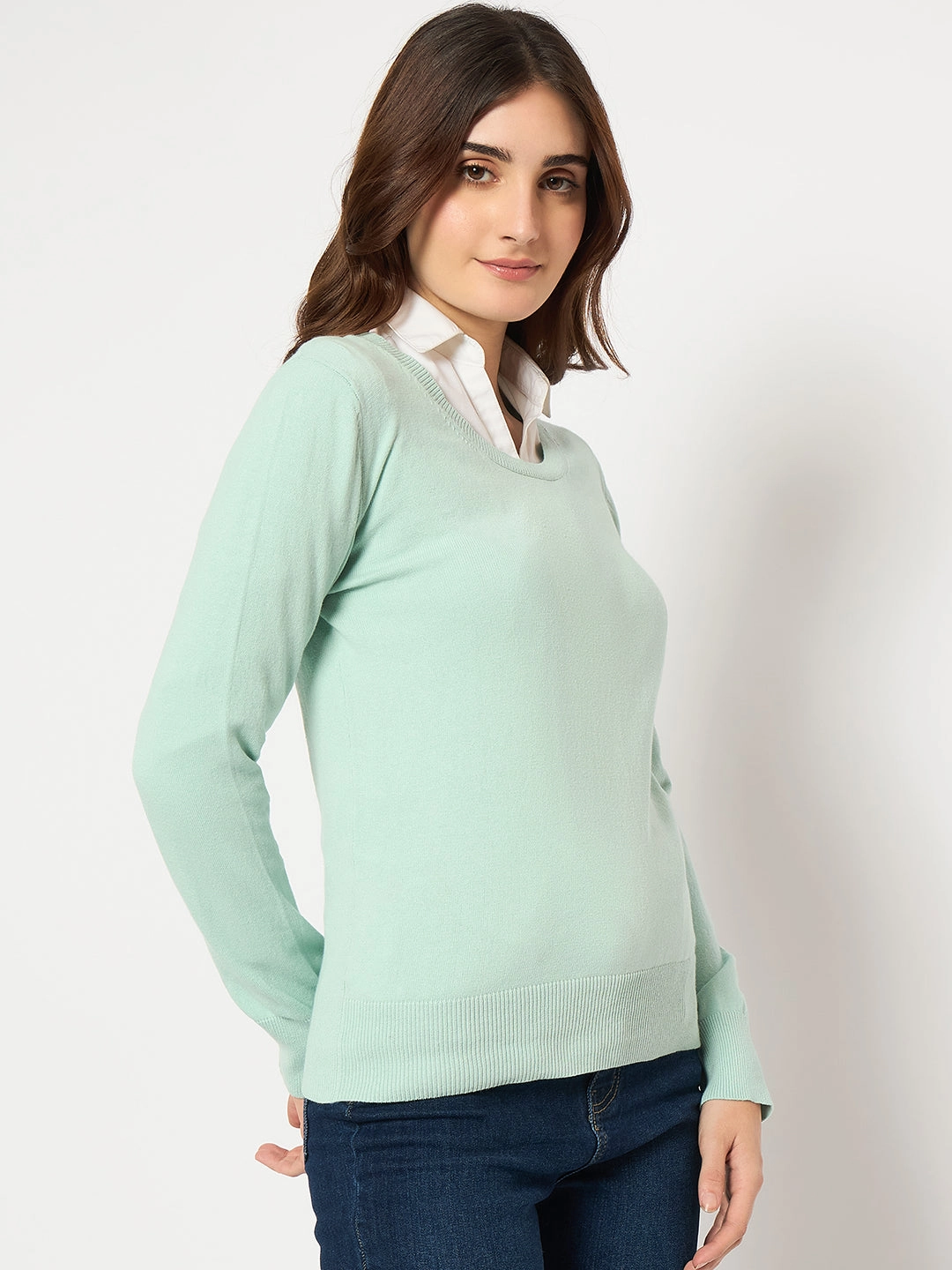 Madame Round Neck Ribbed Cuff Mint Green Sweater Ribbed cuff Casual Comfort Fit