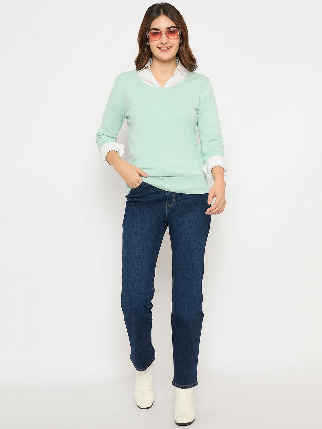 Breathable mesh lining Winter Ready Outfit Madame Round Neck Ribbed Cuff Mint Green Sweater