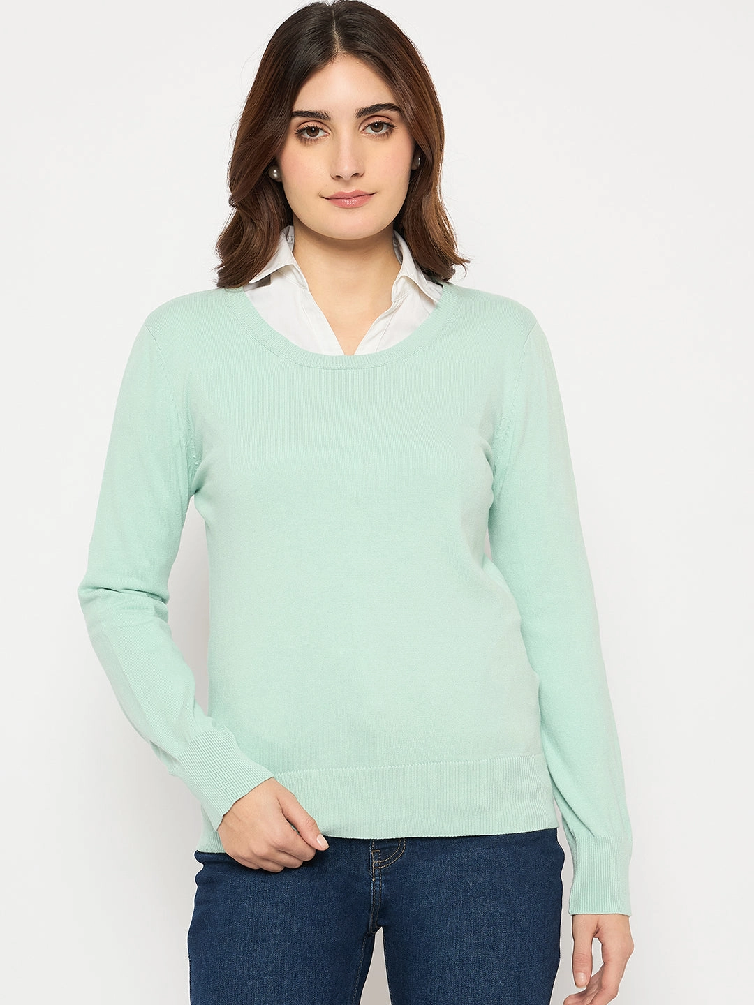 Madame Round Neck Ribbed Cuff Mint Green Sweater Light Layer Warm and Cozy