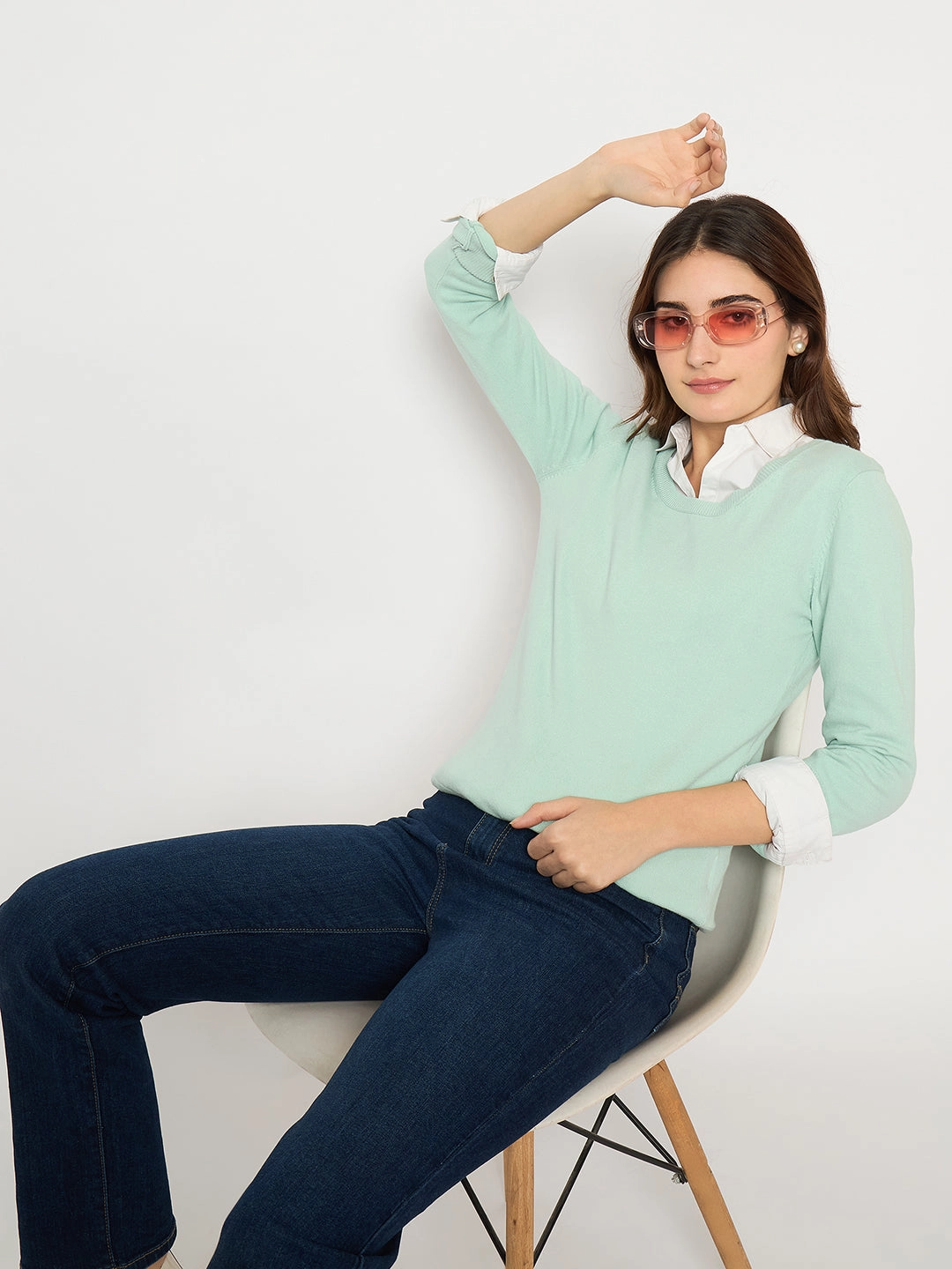 Sustainable Production Certified Classic Knitwear Madame Round Neck Ribbed Cuff Mint Green Sweater