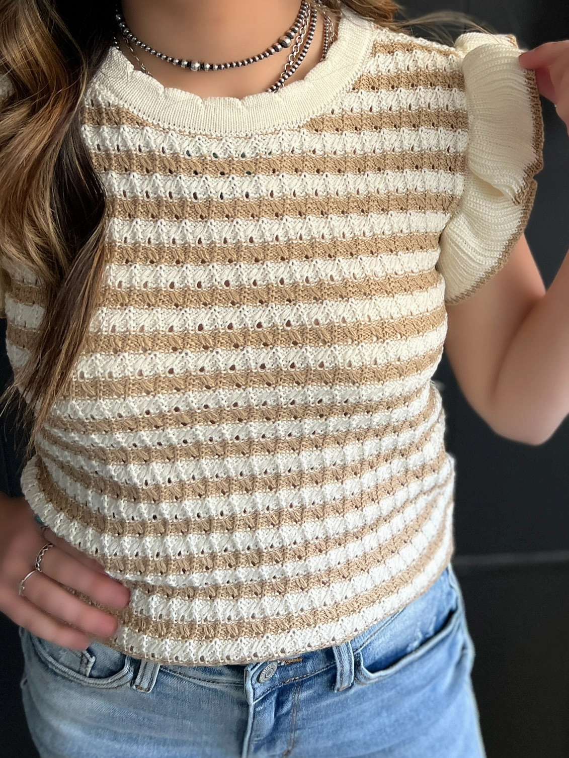 Chic Tee MicroPerforated Details Cream And Beige Knitted Sweater Ruffle Sleeve Top