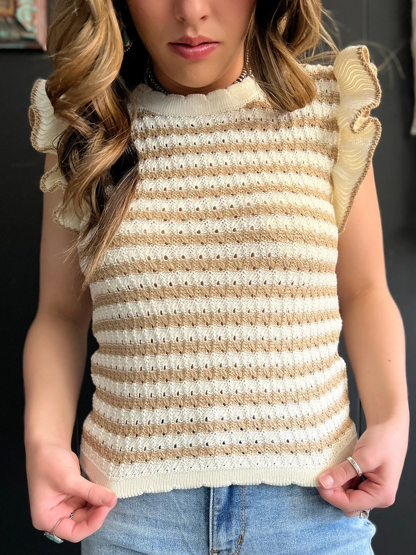 Cream And Beige Knitted Sweater Ruffle Sleeve Top LayeredCollar LowMaintenance Fabric