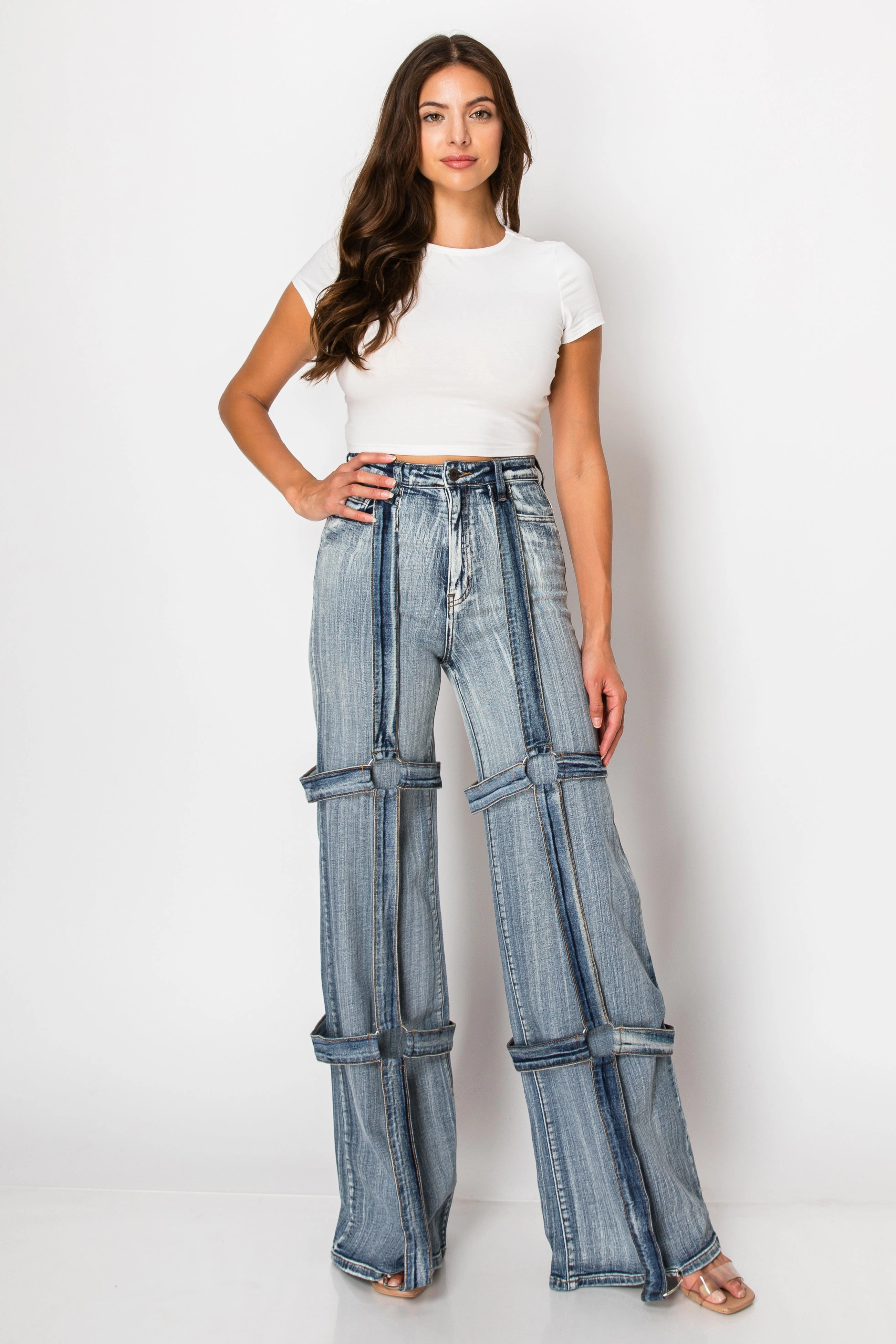 40592 Mid Rise Straight Leg Jeans W/ Brush Wash & Ring Straps High Quality Classic Wear Earthy