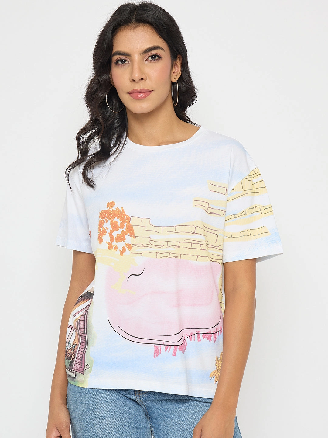 FoamReinforcedCollar Madame All Over Print Cotton Blend White T-Shirt