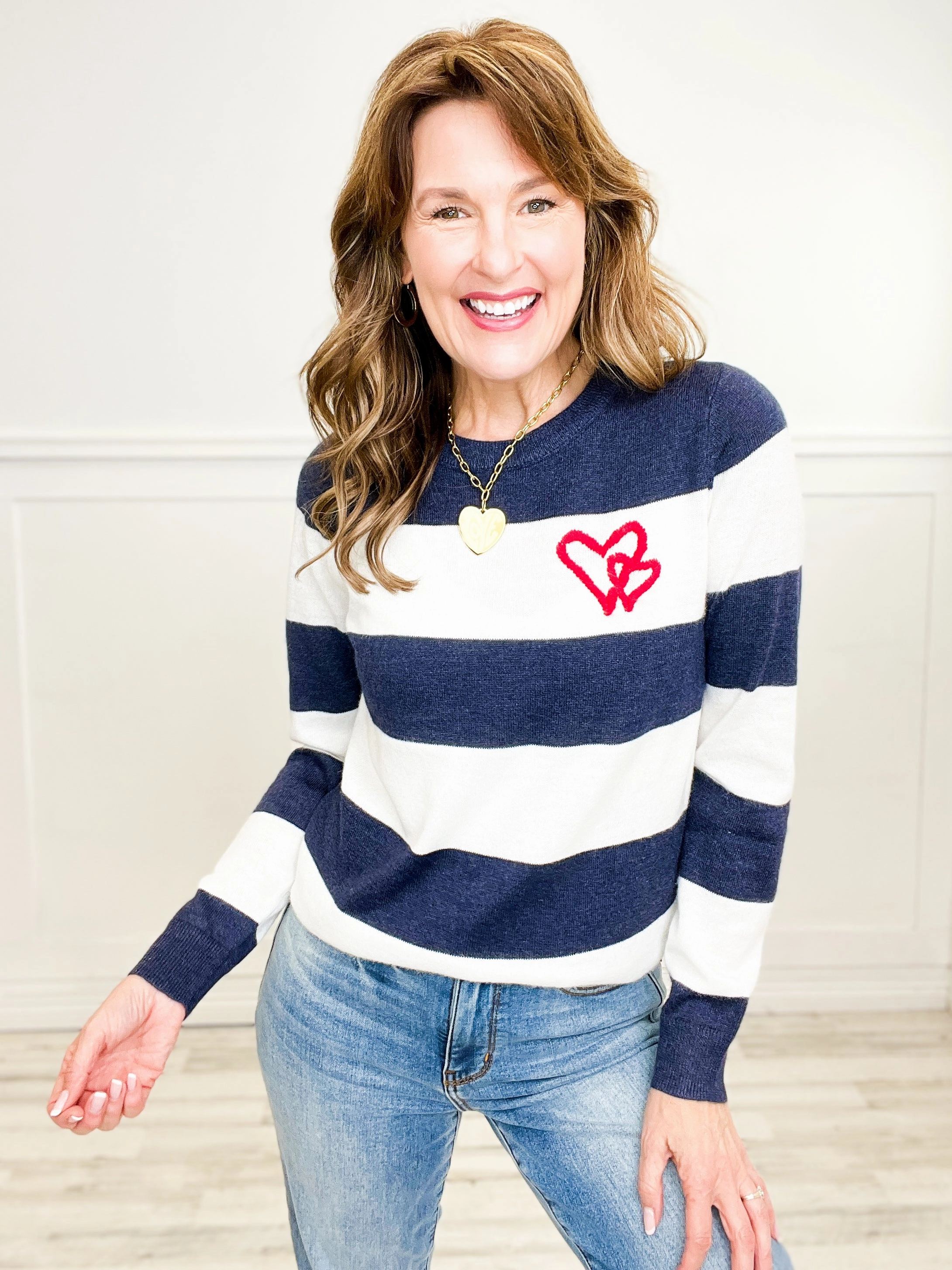 Cozy Vibes Heart Embroidered Bold Striped Crew Neck Sweater