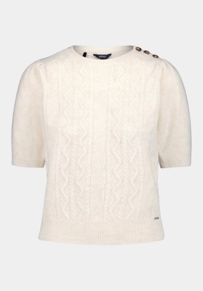 Ergonomic Sleeve Shape Fashion Forward Wear Winsome Women's Short Sleeve Cable Knit Sweater with Shoulder Button Detail, Marshmallow - SW0151