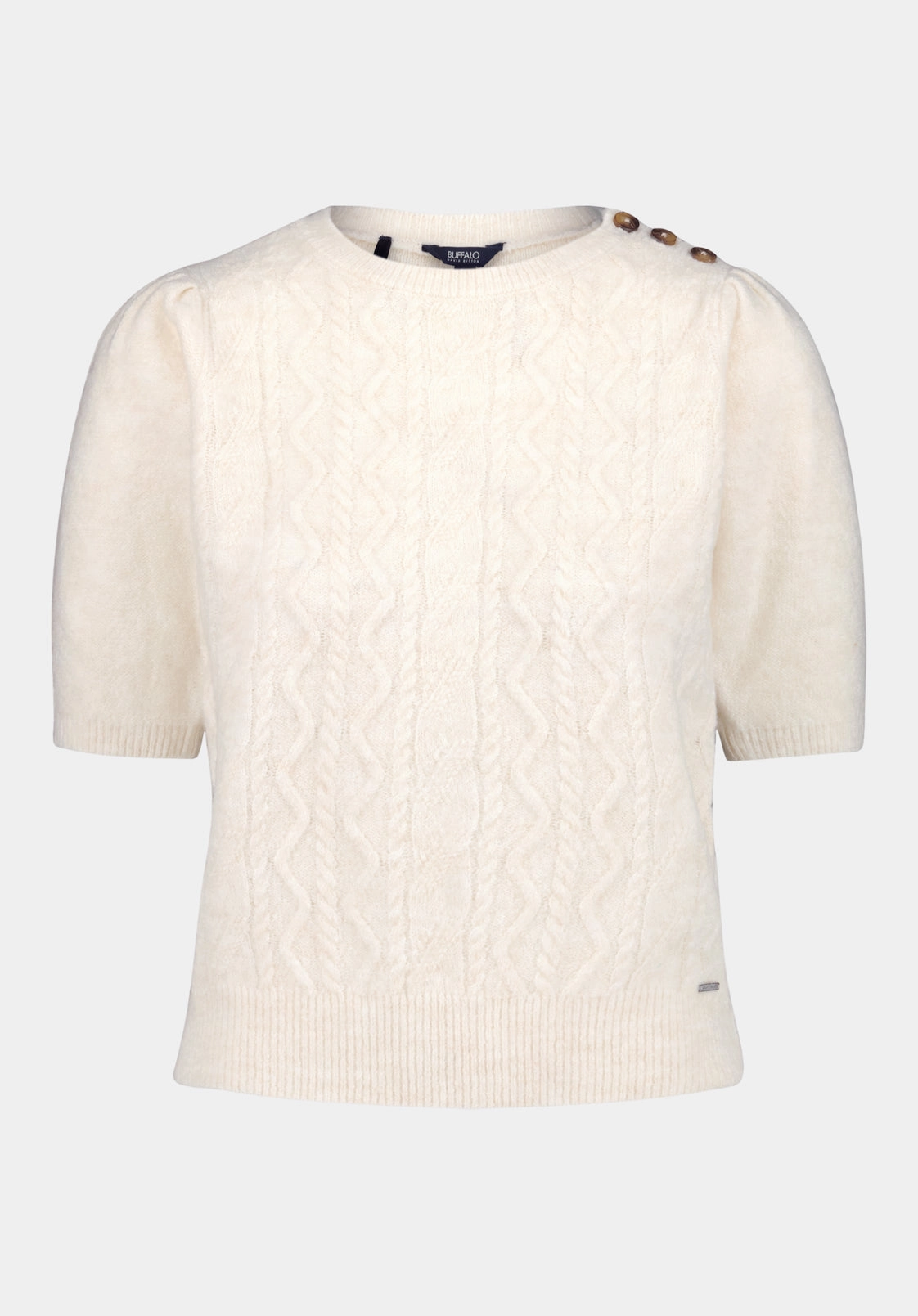 Chilly Layer Winsome Women's Short Sleeve Cable Knit Sweater with Shoulder Button Detail, Marshmallow - SW0151