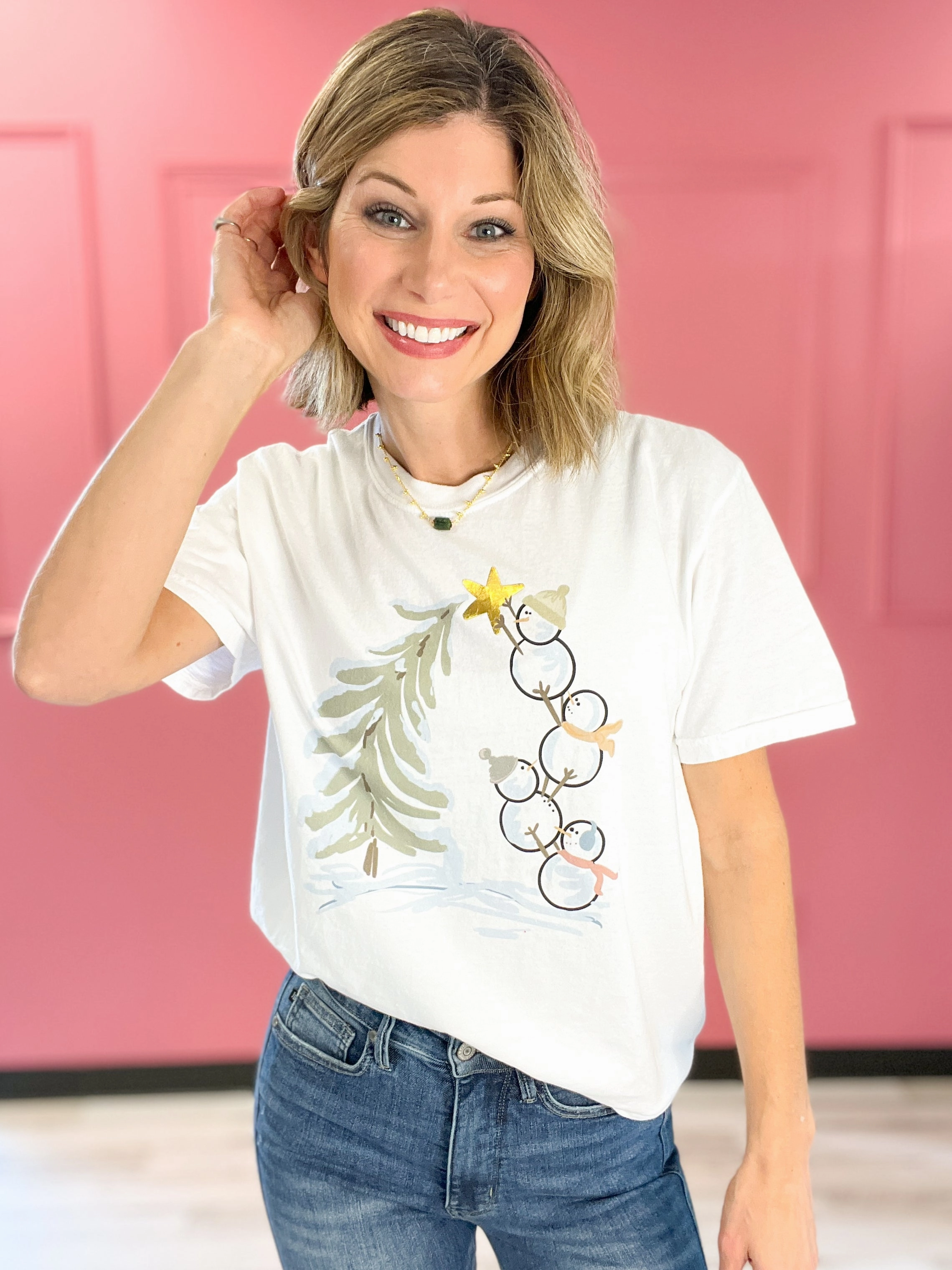 Snow Men Decorating the Tree Gold Foil Graphic Tee Unlined Design UVProtectionCoating