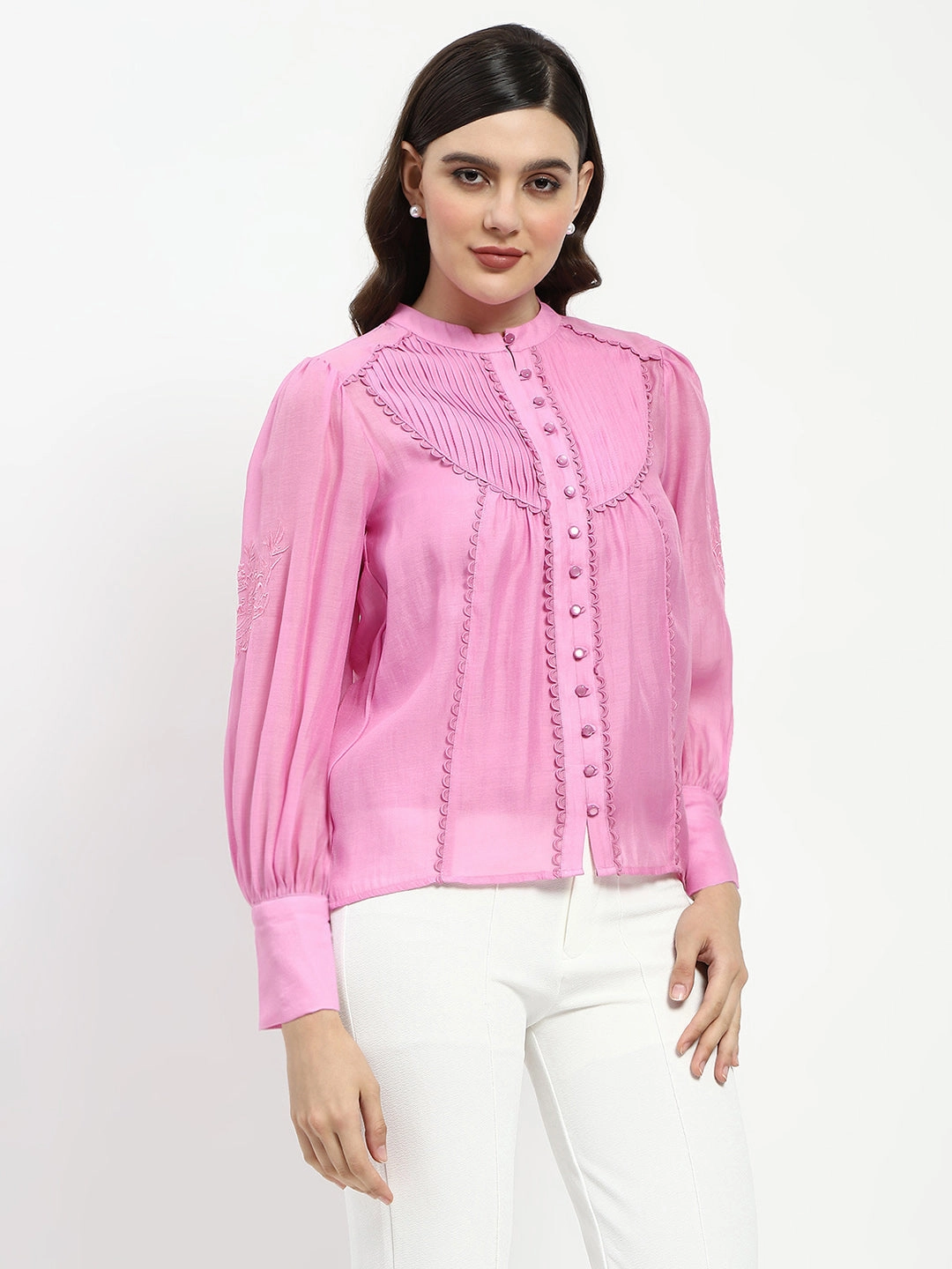 Madame Bridgerton Lacework Pleated Nylon Mauve Shirt MultiLayer Stitching