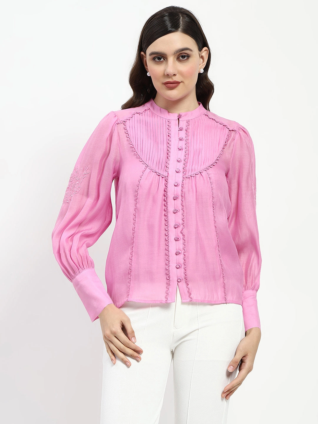 DurableBlend Formal Blouse Madame Bridgerton Lacework Pleated Nylon Mauve Shirt