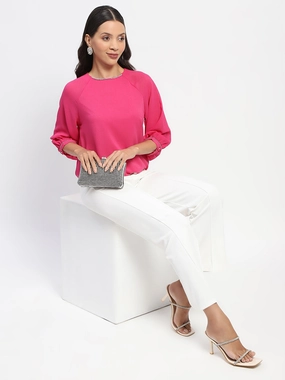 Madame Embellished Puffed Sleeve Hot Pink Top Odor Resistant Technology