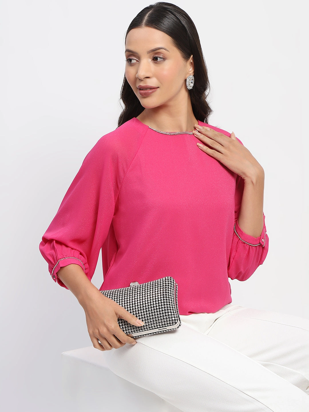 Hidden Zipper Closure Madame Embellished Puffed Sleeve Hot Pink Top