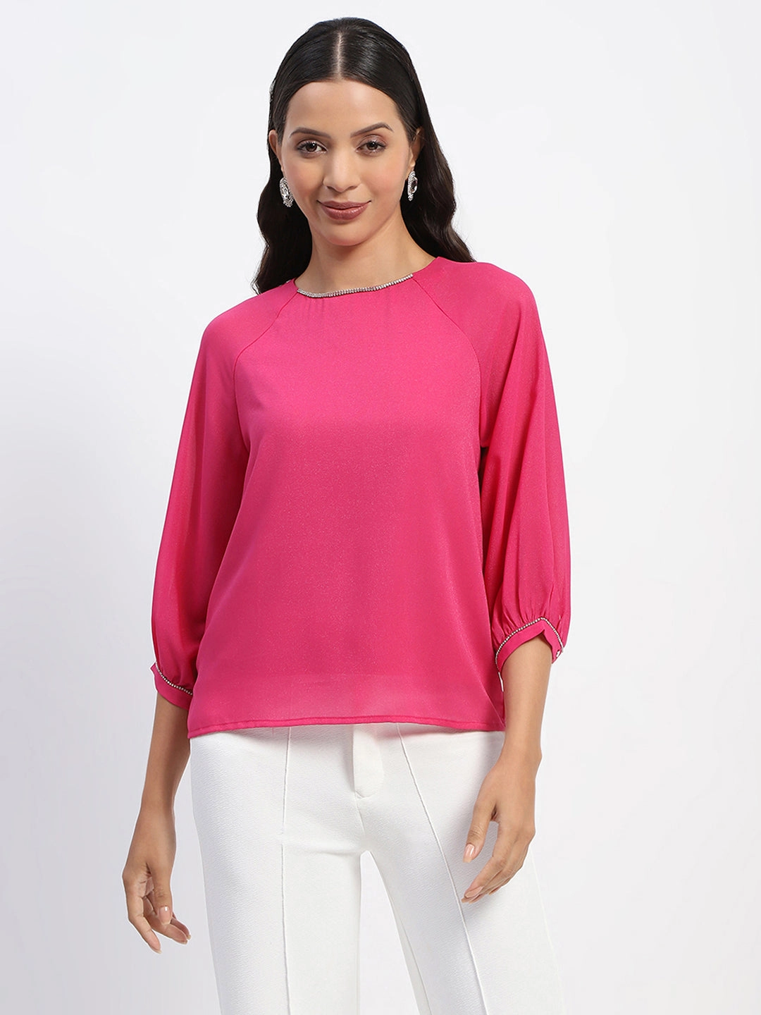 Madame Embellished Puffed Sleeve Hot Pink Top HighDurabilityWeave