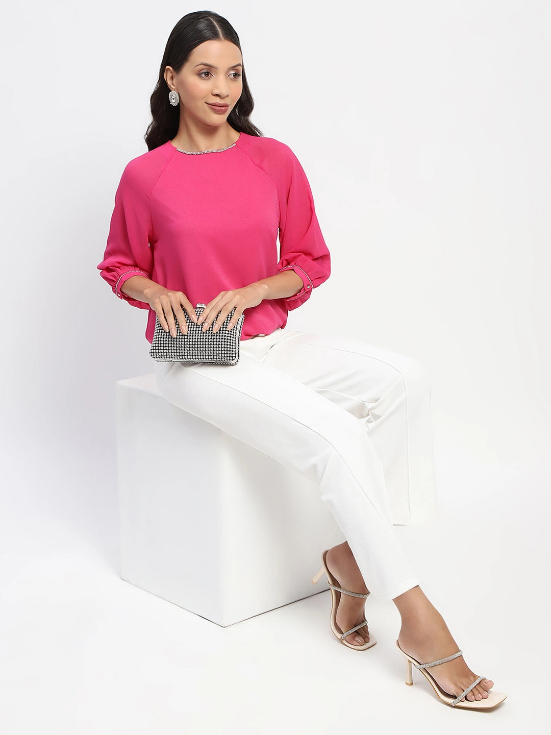 Madame Embellished Puffed Sleeve Hot Pink Top Odor Resistant Technology