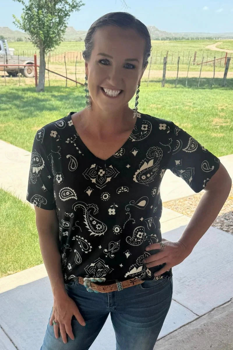 WaffleWeave Sterling Kreek Black Bandana Babe V Neck Top