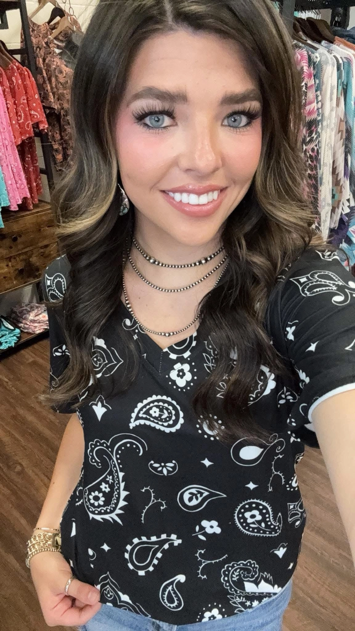 BreathableFabricTech ElasticEdgeBinding Sterling Kreek Black Bandana Babe V Neck Top