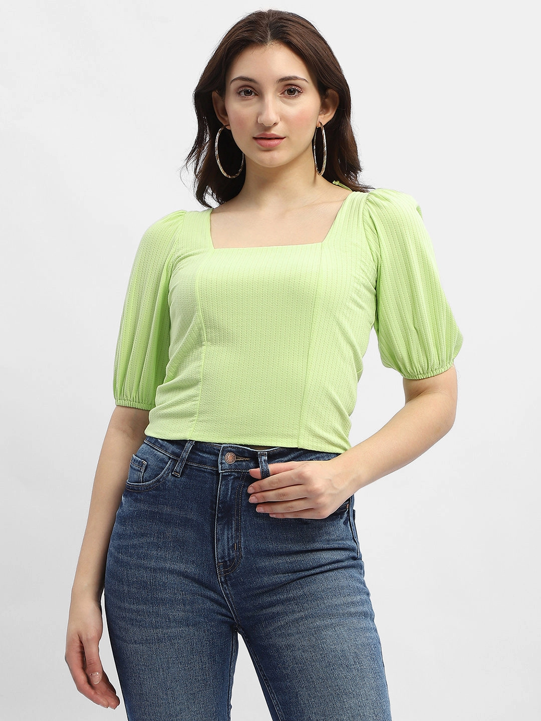 Quick Release Buttons Layered Collar Design Madame Criss-Cross Back Neon Green Textured Top