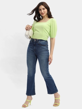 Madame Criss-Cross Back Neon Green Textured Top Fitted Blouse