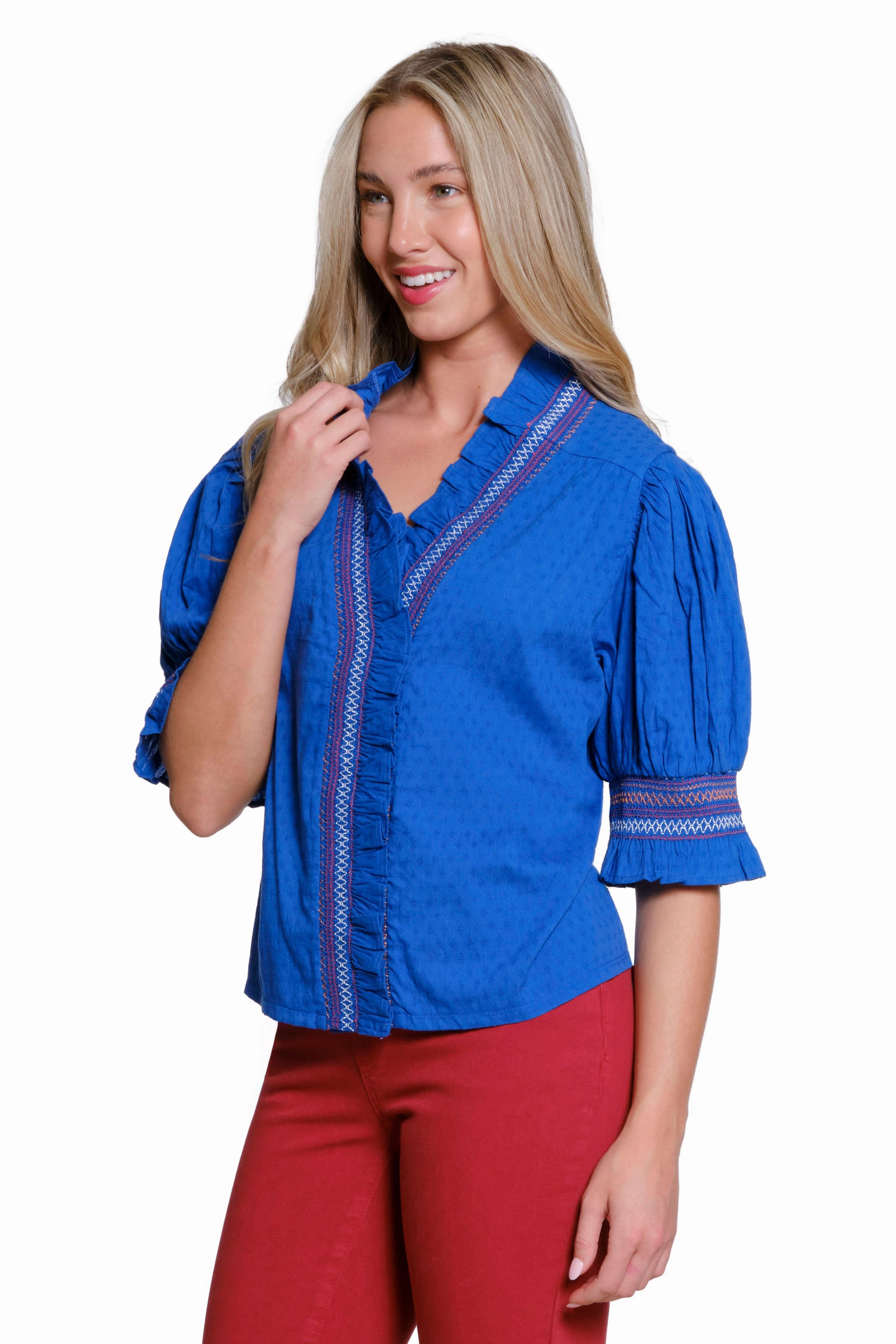 Ruffle Neck Top - Cobalt Drop Shoulder Cut Tencel Blend Fabric