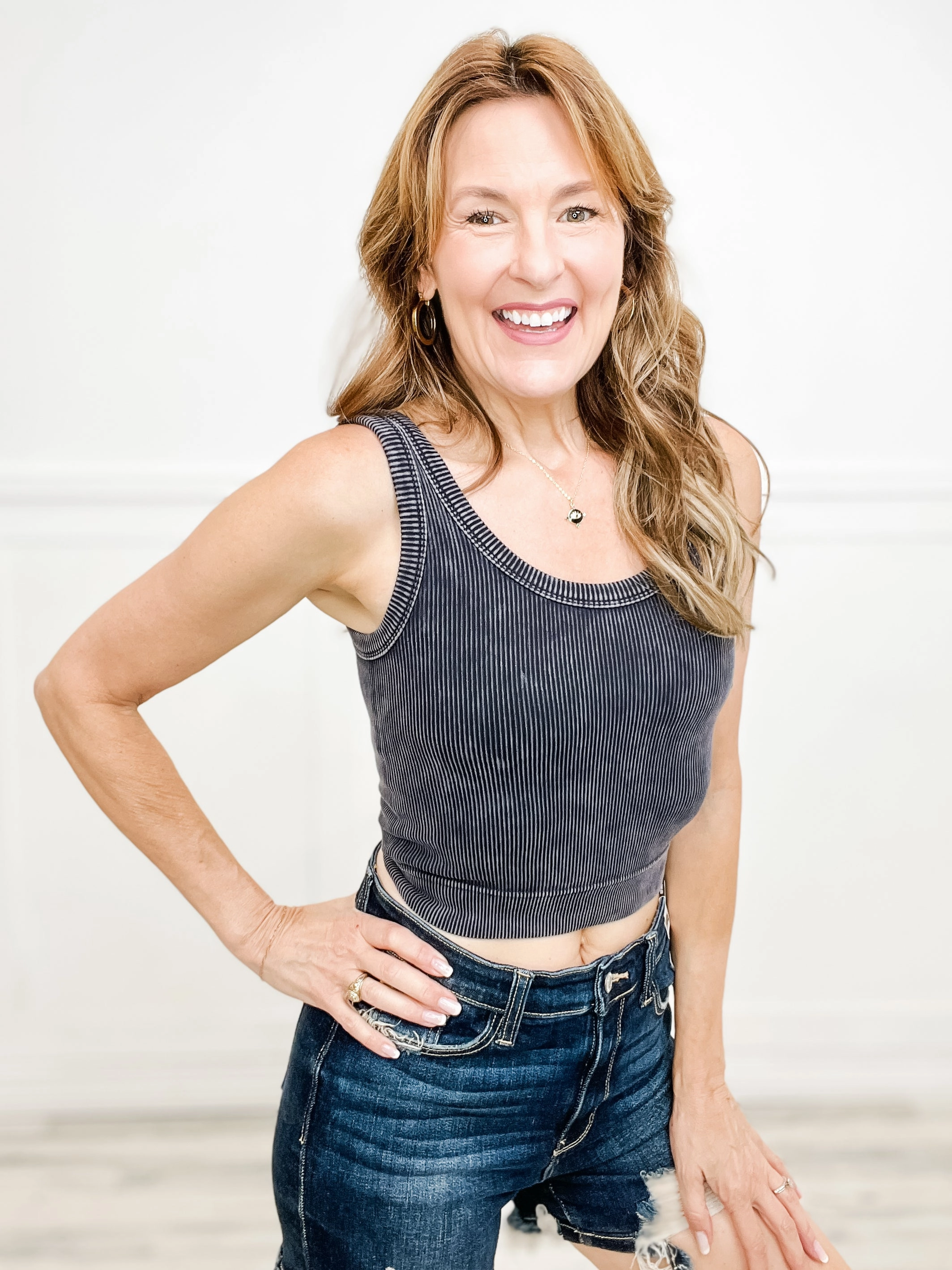 Washed Ribbed Cropped Scoop Neck Tank Top - Group A Layered Hem Detailing