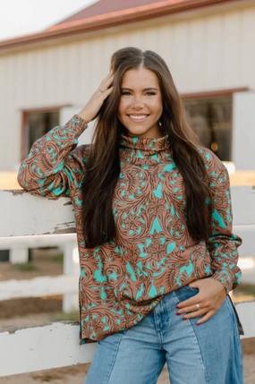 Sterling Kreek Turquoise Tooled Mock Neck Top Long Sleeve Polo