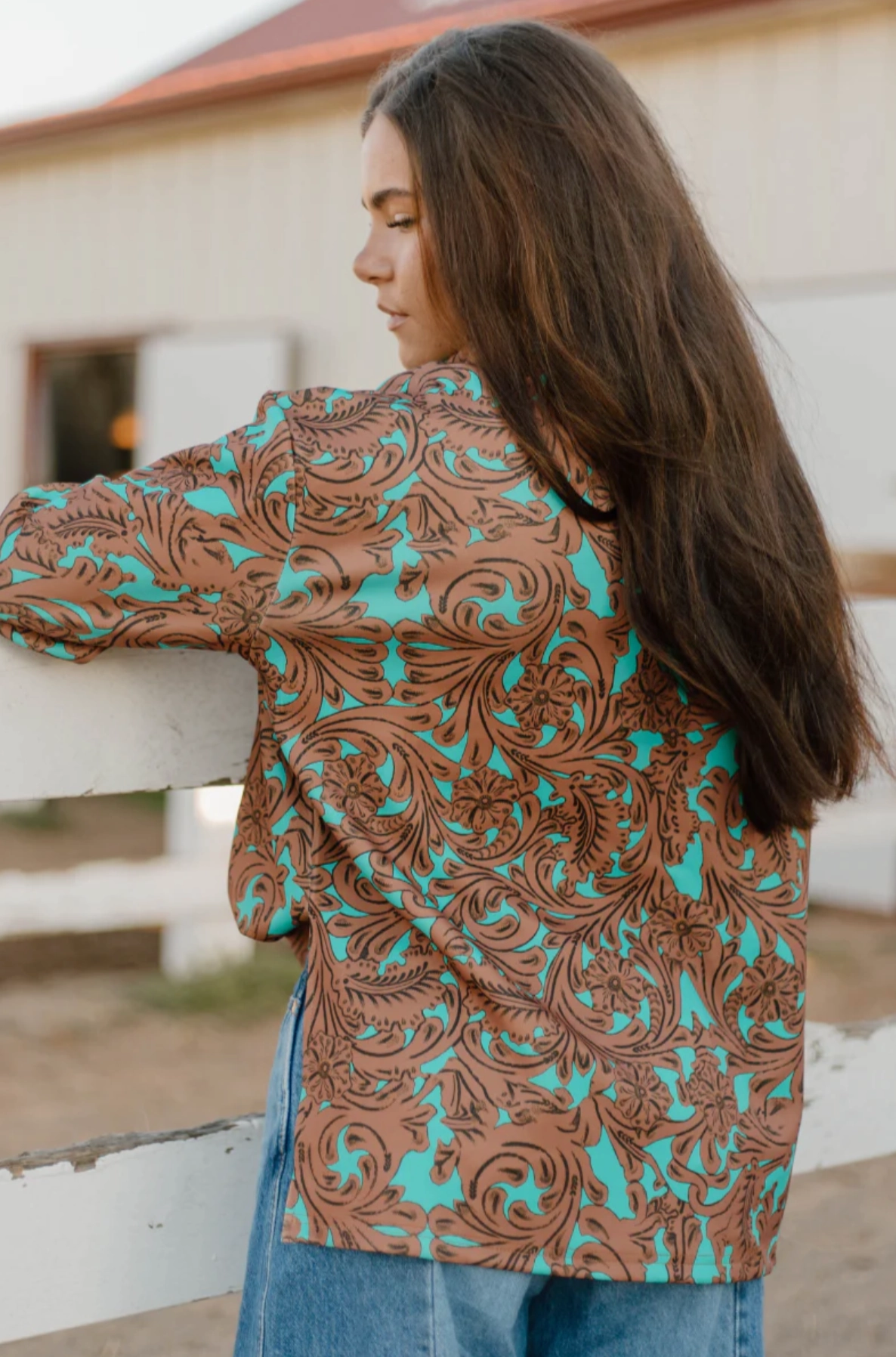 QuickDryConstruction High Collar Protection Design Sterling Kreek Turquoise Tooled Mock Neck Top