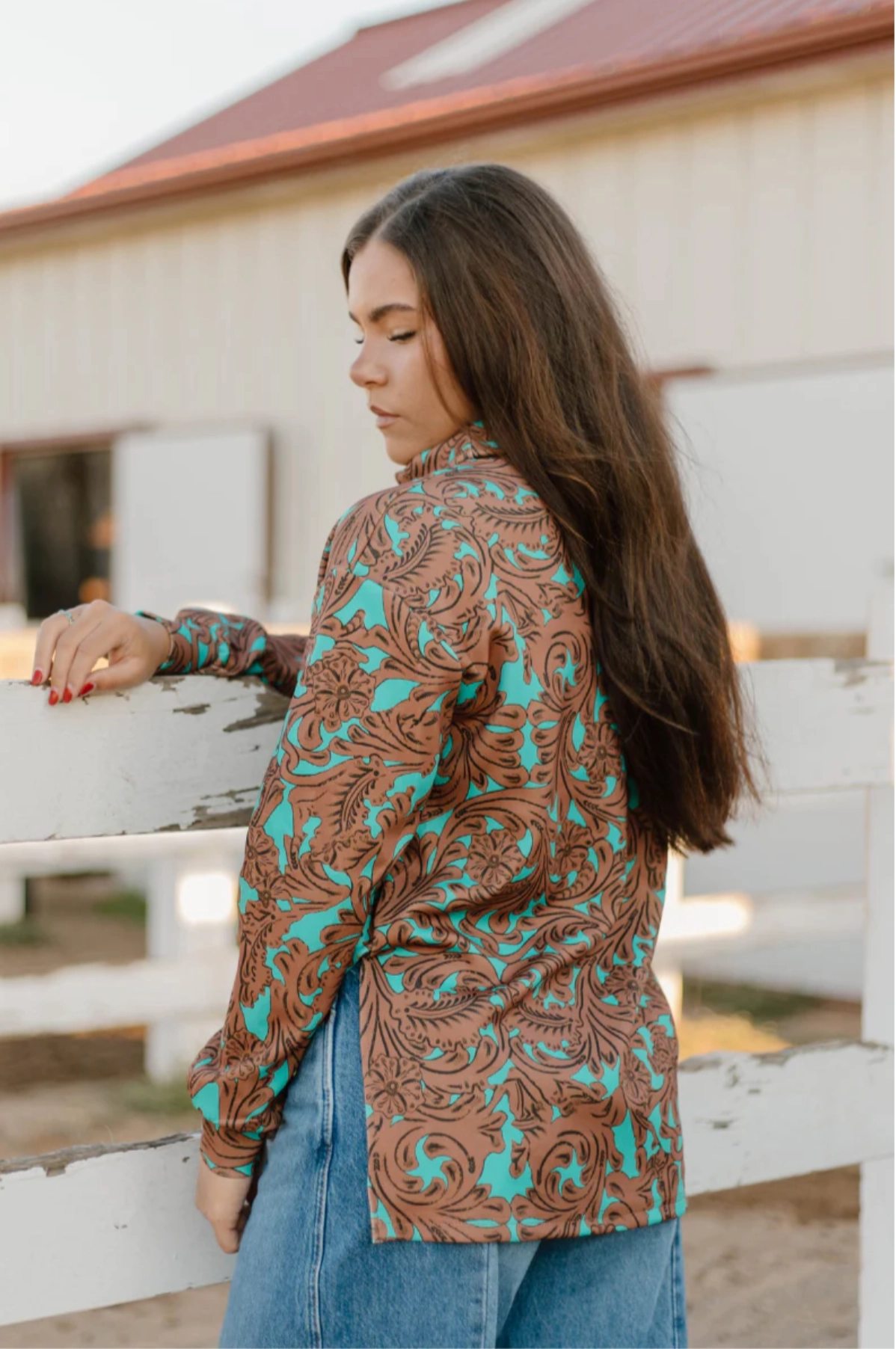 NaturalFiberBlend VentedBack Sterling Kreek Turquoise Tooled Mock Neck Top