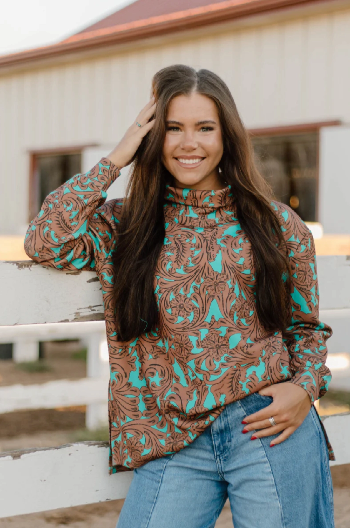 Sterling Kreek Turquoise Tooled Mock Neck Top Long Sleeve Polo