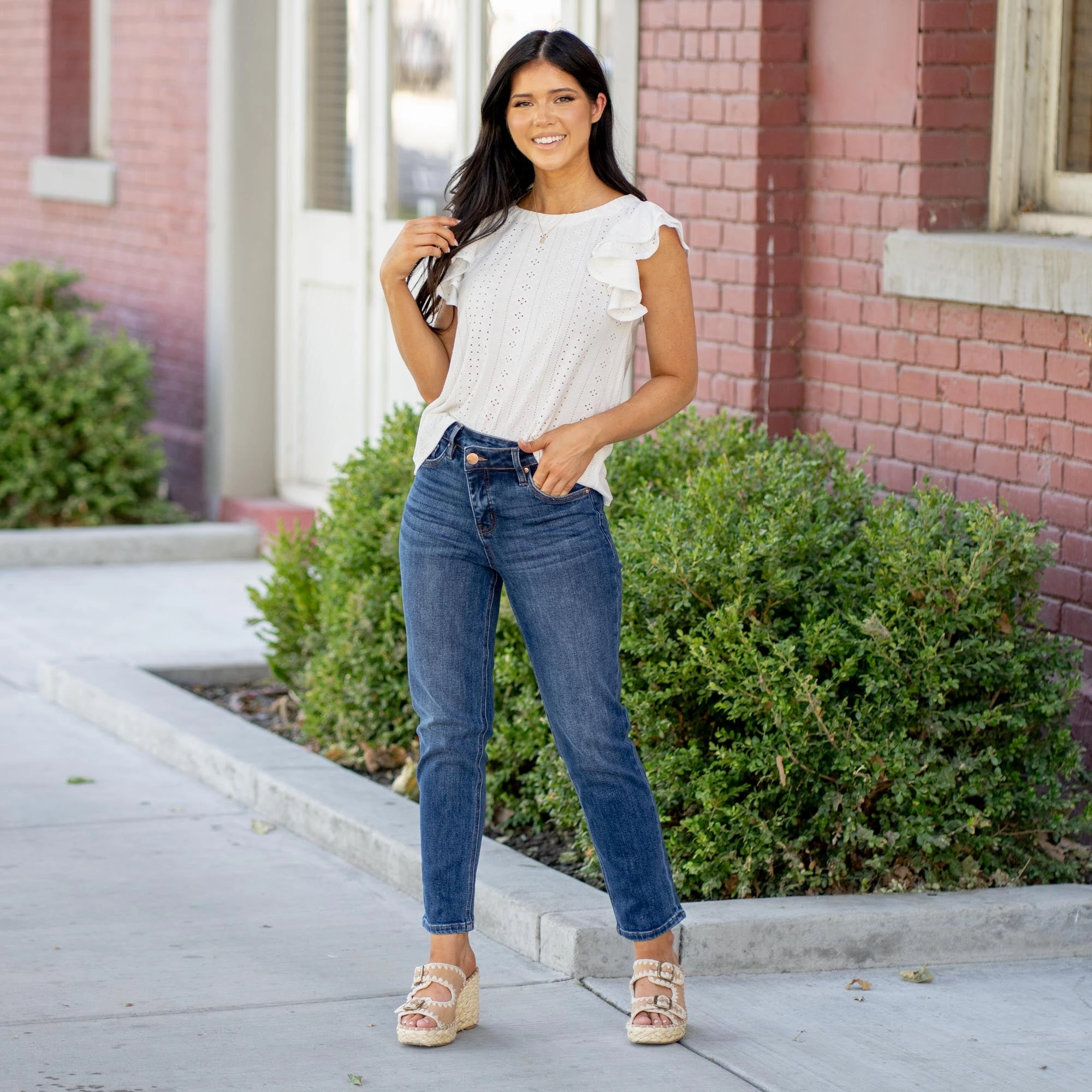 Refined Detail Timeless Option Dylan Tummy Control Top Mid Rise Asymmetric Crop Straight Leg